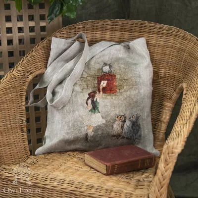 “Postal Owls” Linen Shopping Bag 