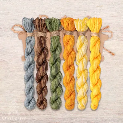 Set of OwlForest Hand-Dyed Threads for the “Amber Bird Night Songs” Chart (DMC)
