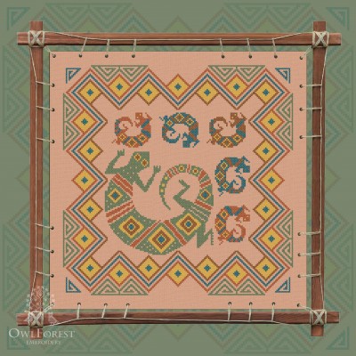 Printed embroidery chart “Mesoamerican Motifs. Lizards” 5 colors