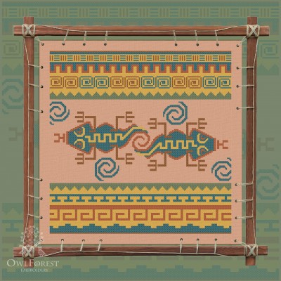 Digital embroidery chart “Mesoamerican Motifs. Geckos” 5 colors