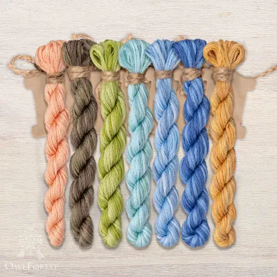 Set of OwlForest Hand-Dyed Threads for the “Vertical Birth Sampler for Boys” Chart (DMC)