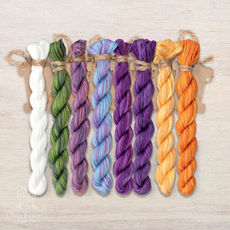 Set of OwlForest Hand-Dyed Threads for the “Pansies” Chart (Thread Trade n.a. Kirov)