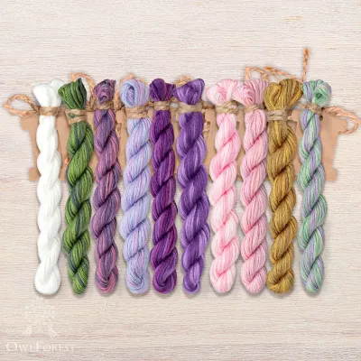 Set of OwlForest Hand-Dyed Threads for the “Lilac Garden Rendezvous” Chart (Thread Trade n.a. Kirov)